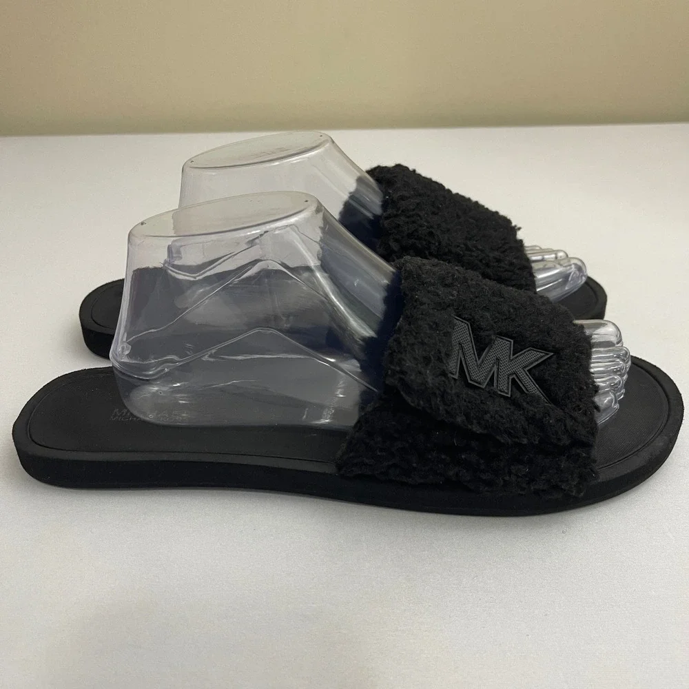 Michael Kors Black Fuzzy Faux Fur MK Logo Slides Sandals Slip On Adjustable READ